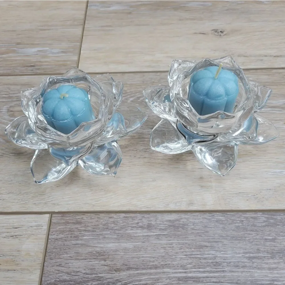 Lotus glass candle holders  with blue beads These are stunning! Pair of tabletop